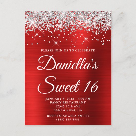 Silver Glitter Bright Red Folie Sweet 16 Uitnodiging Briefkaart (Voorkant)