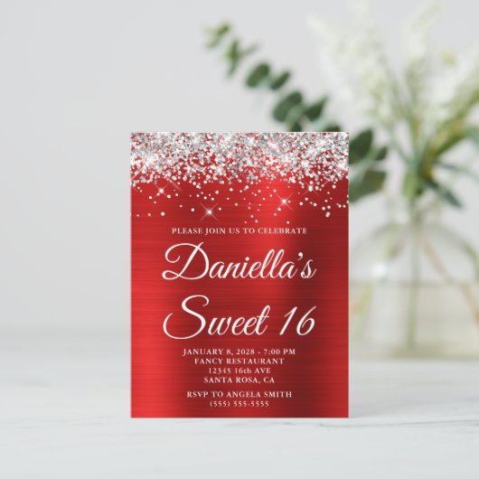 Silver Glitter Bright Red Folie Sweet 16 Uitnodiging Briefkaart (Staand voorkant)