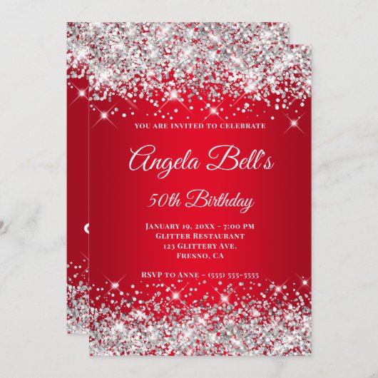 Silver Glitter Bright Red Ombre Fancy Monogram Kaart (Voorkant / Achterkant)