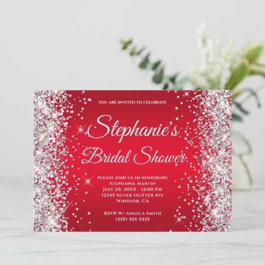 Silver Glitter Bright Red Ombre Fancy Monogram Kaart (Staand voorkant)