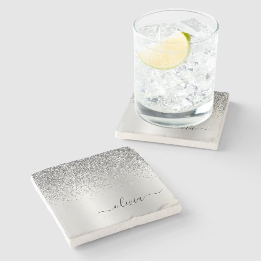 Silver Glitter Brushed Girly Monogram Name Stenen Onderzetter (Zijkant)