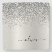 Silver Glitter Brushed Girly Monogram Name Stenen Onderzetter (Voorkant)