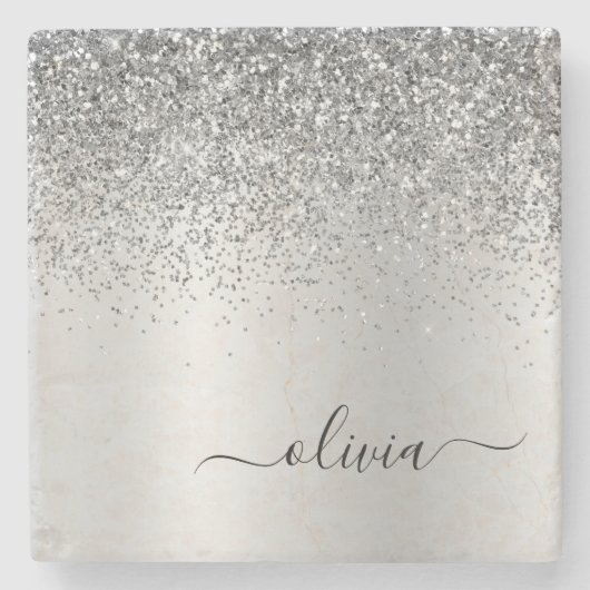Silver Glitter Brushed Girly Monogram Name Stenen Onderzetter (Voorkant)