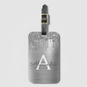 Silver Glitter Brushed Metal Monogram Name Bagagelabel (Voorkant (verticaal))