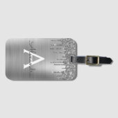 Silver Glitter Brushed Metal Monogram Name Bagagelabel (Voorkant (horizontaal))
