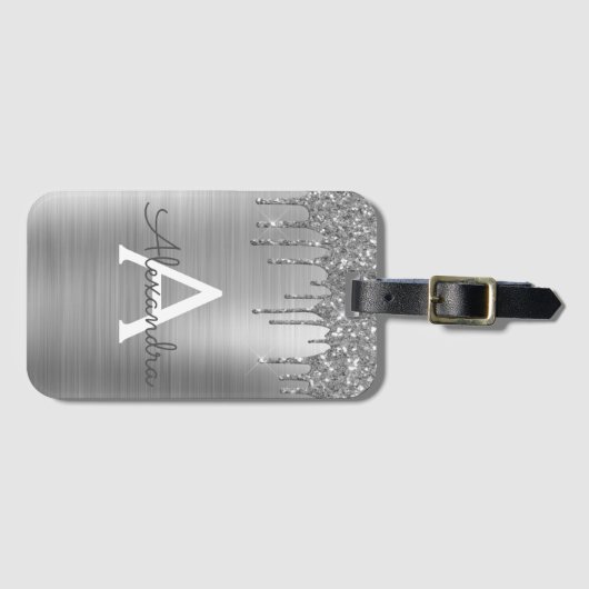 Silver Glitter Brushed Metal Monogram Name Bagagelabel (Voorkant (horizontaal))