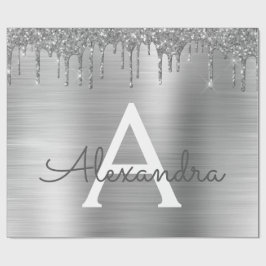Silver Glitter Brushed Metal Monogram Name Cadeaupapier