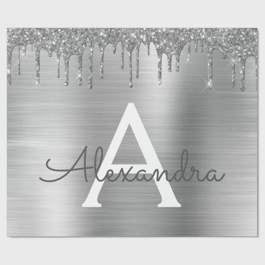 Silver Glitter Brushed Metal Monogram Name Cadeaupapier (Vlak)