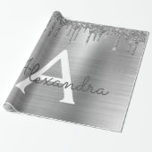 Silver Glitter Brushed Metal Monogram Name Cadeaupapier (Uitgerold)