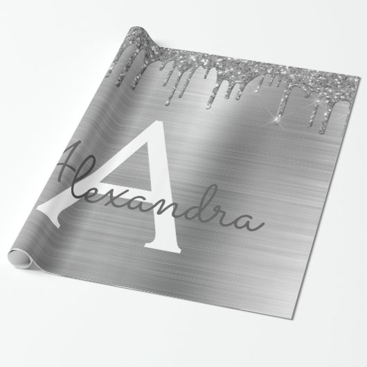 Silver Glitter Brushed Metal Monogram Name Cadeaupapier (Uitgerold)