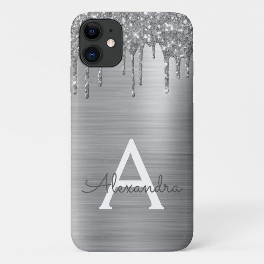 Silver Glitter Brushed Metal Monogram Name Case-Mate iPhone Case (Achterkant)
