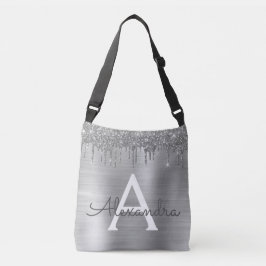 Silver Glitter Brushed Metal Monogram Name Crossbody Tas
