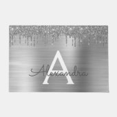 Silver Glitter Brushed Metal Monogram Name Deurmat (Voorkant)
