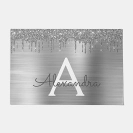 Silver Glitter Brushed Metal Monogram Name Deurmat