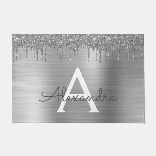 Silver Glitter Brushed Metal Monogram Name Deurmat (Voorkant)