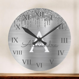 Silver Glitter Brushed Metal Monogram Name Grote Klok
