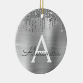 Silver Glitter Brushed Metal Monogram Name Keramisch Ornament (Rechts)