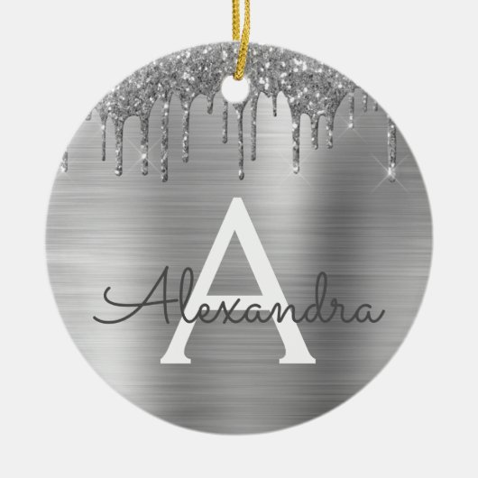 Silver Glitter Brushed Metal Monogram Name Keramisch Ornament (Voorkant)