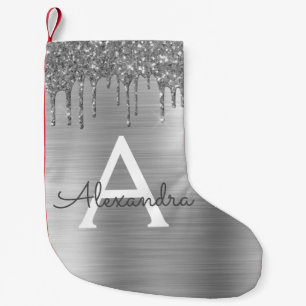 Silver Glitter Brushed Metal Monogram Name Kleine Kerstsok