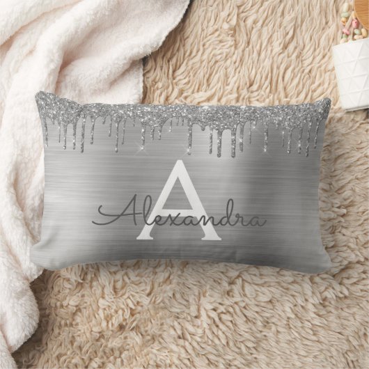 Silver Glitter Brushed Metal Monogram Name Kussen (Deken)