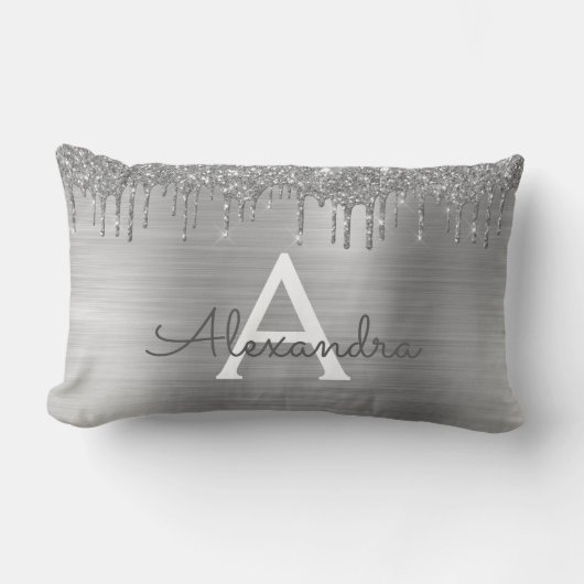 Silver Glitter Brushed Metal Monogram Name Kussen (Voorkant)