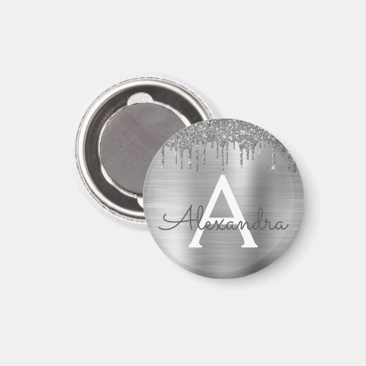Silver Glitter Brushed Metal Monogram Name Magneet (Voorkant / Achterkant)