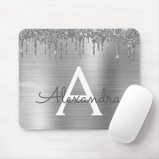 Silver Glitter Brushed Metal Monogram Name Muismat (Met muis)