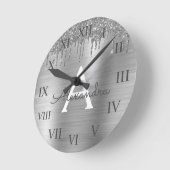 Silver Glitter Brushed Metal Monogram Name Ronde Klok (Hoek)