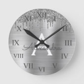 Silver Glitter Brushed Metal Monogram Name Ronde Klok (Voorkant)