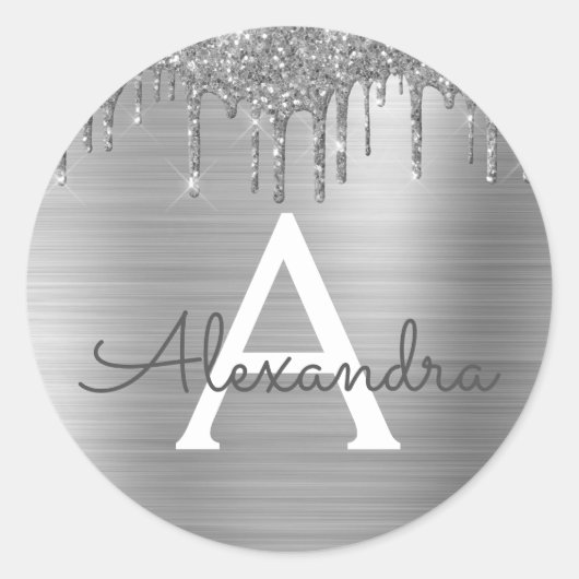 Silver Glitter Brushed Metal Monogram Name Ronde Sticker (Voorkant)