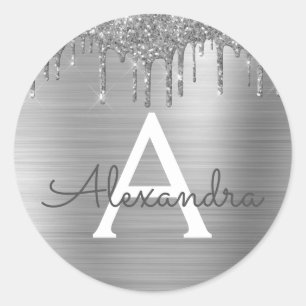 Silver Glitter Brushed Metal Monogram Name Ronde Sticker
