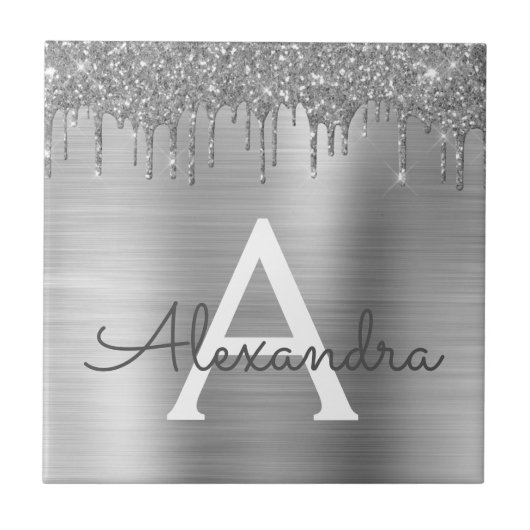 Silver Glitter Brushed Metal Monogram Name Tegeltje (Voorkant)