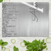 Silver Glitter Brushed Metal Monogram Name Theedoek (Gevouwen)
