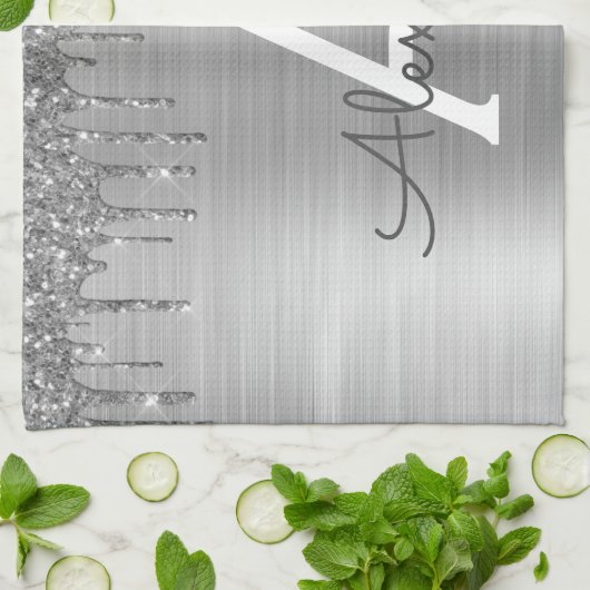 Silver Glitter Brushed Metal Monogram Name Theedoek (Gevouwen)