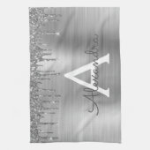 Silver Glitter Brushed Metal Monogram Name Theedoek (Verticaal)