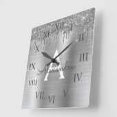 Silver Glitter Brushed Metal Monogram Name Vierkante Klok (Hoek)