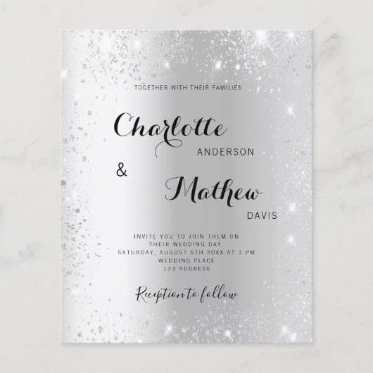 Silver glitter budget bruiloft uitnodiging (Voorkant)