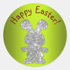 Silver Glitter Bunny Happy Pasen Ronde Sticker