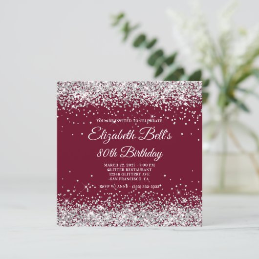 Silver Glitter Burgundy 80th Birthday Kaart (Staand voorkant)