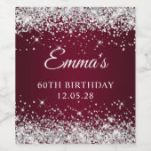 Silver Glitter Burgundy Ombre 60th Birthday Wijn Etiket (Enkel label)