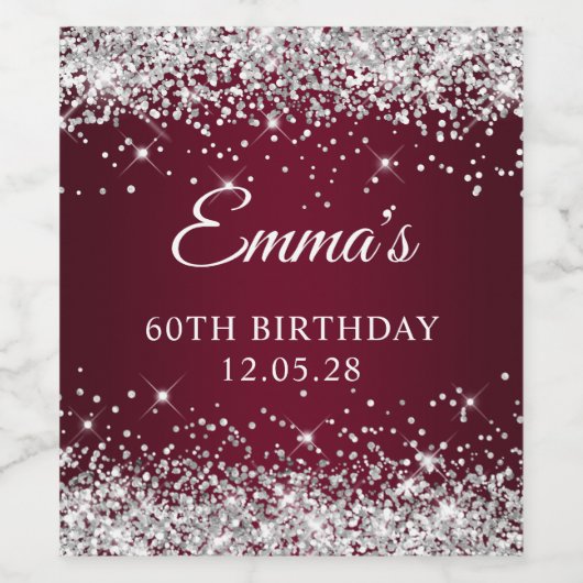 Silver Glitter Burgundy Ombre 60th Birthday Wijn Etiket (Enkel label)