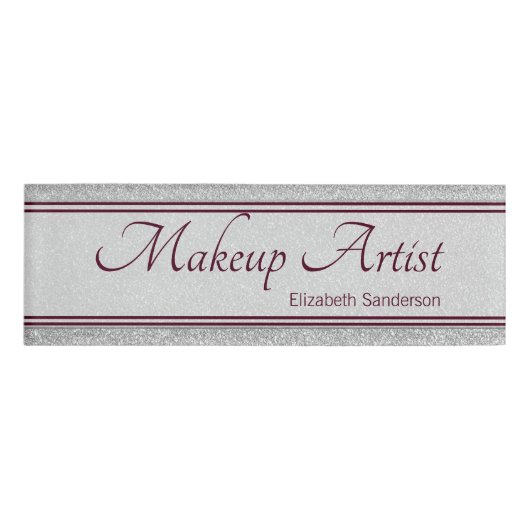 Silver Glitter Burgundy Personalized Makeup Artist Naambadge (Voorkant)