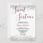 Silver Glitter Burgundy Sweet 16 Party Kaart (Voorkant)