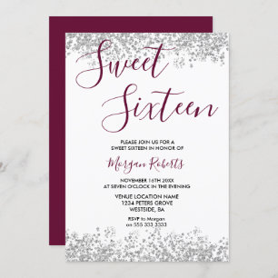 Silver Glitter Burgundy Sweet 16 Party Kaart