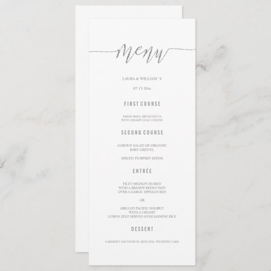 Silver Glitter Calligrafie Wedding Menu Kaarten (Voorkant / Achterkant)