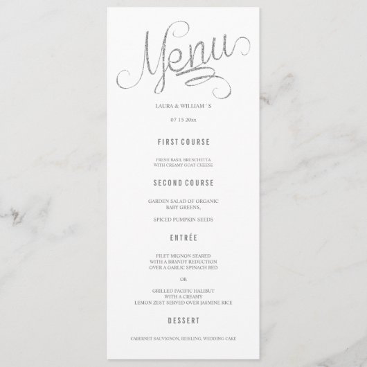 Silver Glitter Calligrafie Wedding Menu Kaarten (Voorkant)