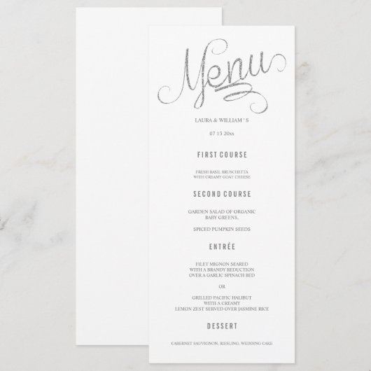 Silver Glitter Calligrafie Wedding Menu Kaarten (Voorkant / Achterkant)