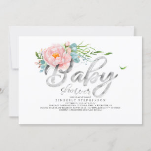Silver Glitter Calligraphy Pink Floral Baby shower Kaart