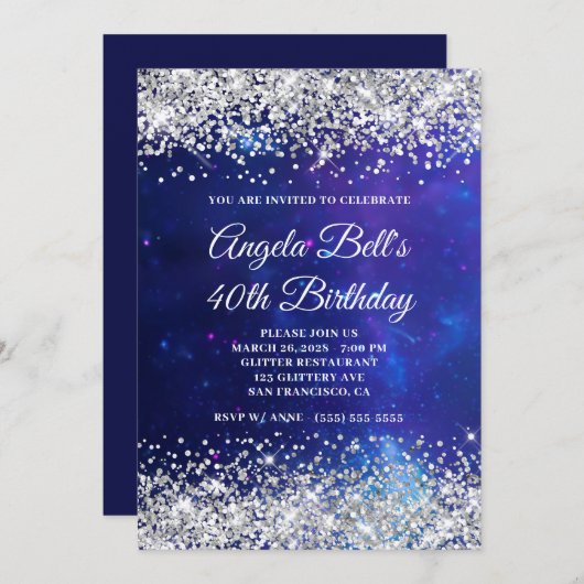 Silver Glitter Celestial Aqua Blue 40th Birthday Kaart (Voorkant / Achterkant)