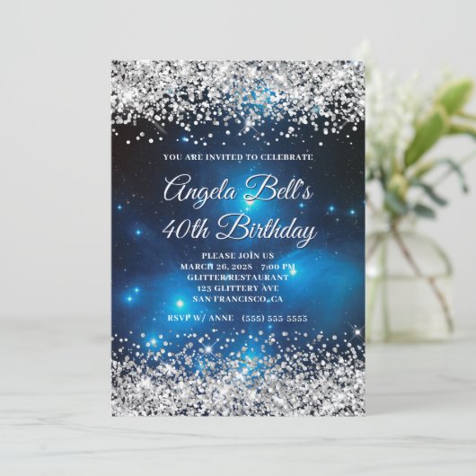 Silver Glitter Celestial Blue 40th Birthday Kaart (Staand voorkant)